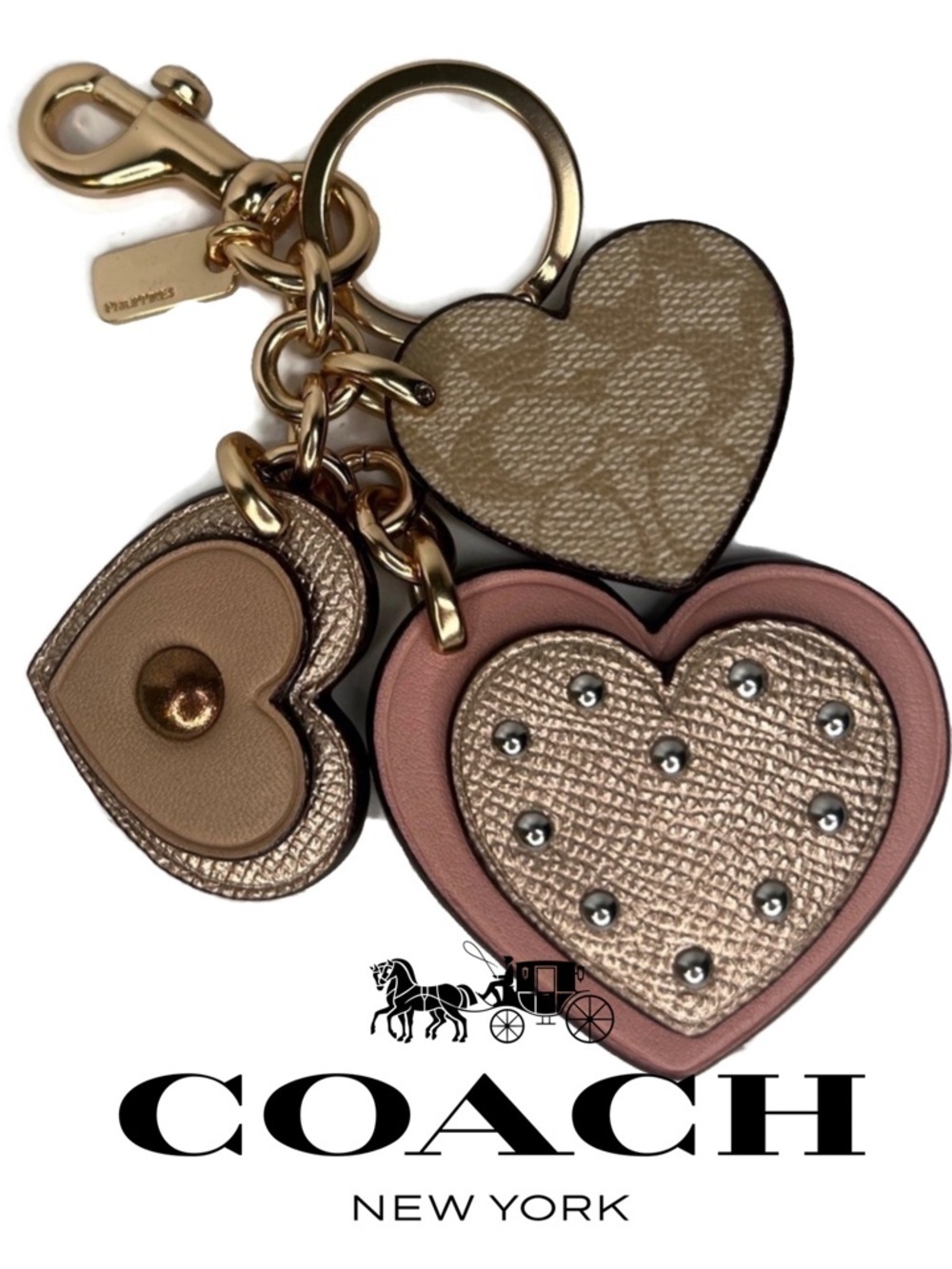 Coach Heart Appliqué Rose Gold and Pink Dangle Keychain Charm Fob F40696
